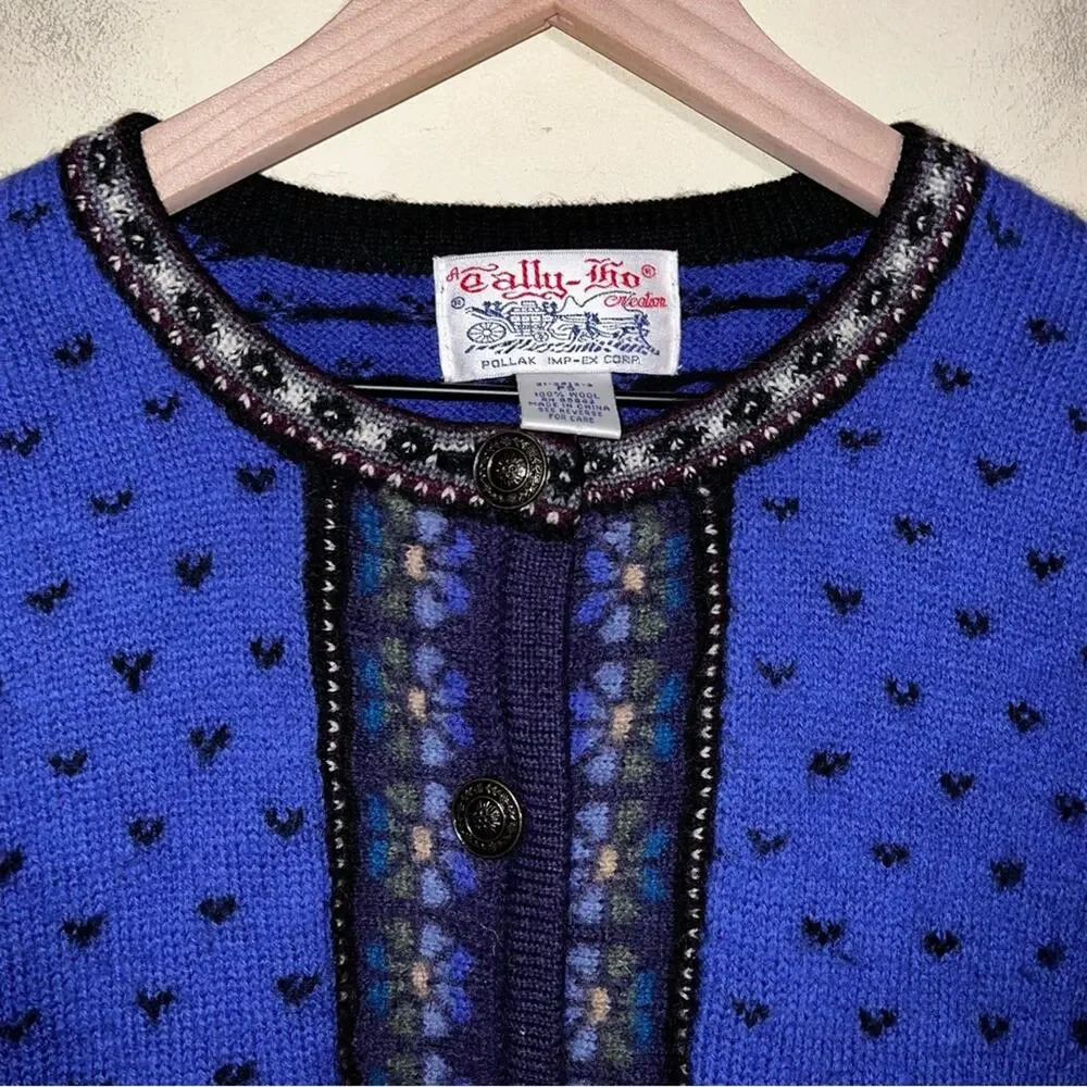 VNTG A TALLY- THO Nordic embroidered Fair Isle Grandma Core wool cardigan S